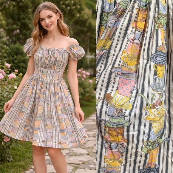 Hearts And Found Dresses & Skirts - Hearts & Found teacup Alice wonderland spring vintage off shoulder full dress XL